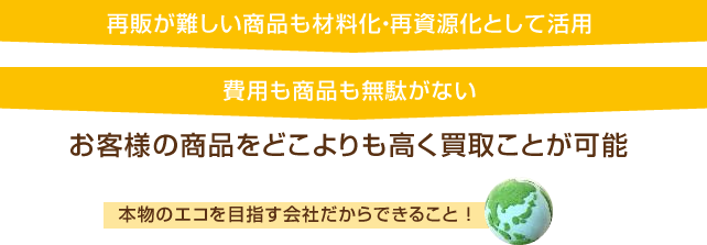 再販が難しい商品も材料化・再資源化として活用 費用も商品も無駄がない お客様の商品をどこよりも高く買取ことが可能 本物のエコを目指す会社だからできること！